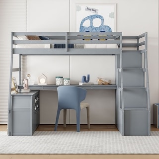 Full Size Loft Bed with Storage Stairs and Desk, Wooden Loft Bed Frame with 7 Drawers and 2 Shelves for Kids Boys Girls Teens