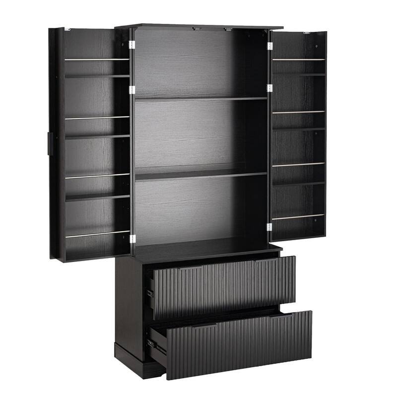72" Fluted Kitchen Pantry Cabinet, Freestanding Cupboard Storage Cabinet with 2 Drawers for Smart Organization