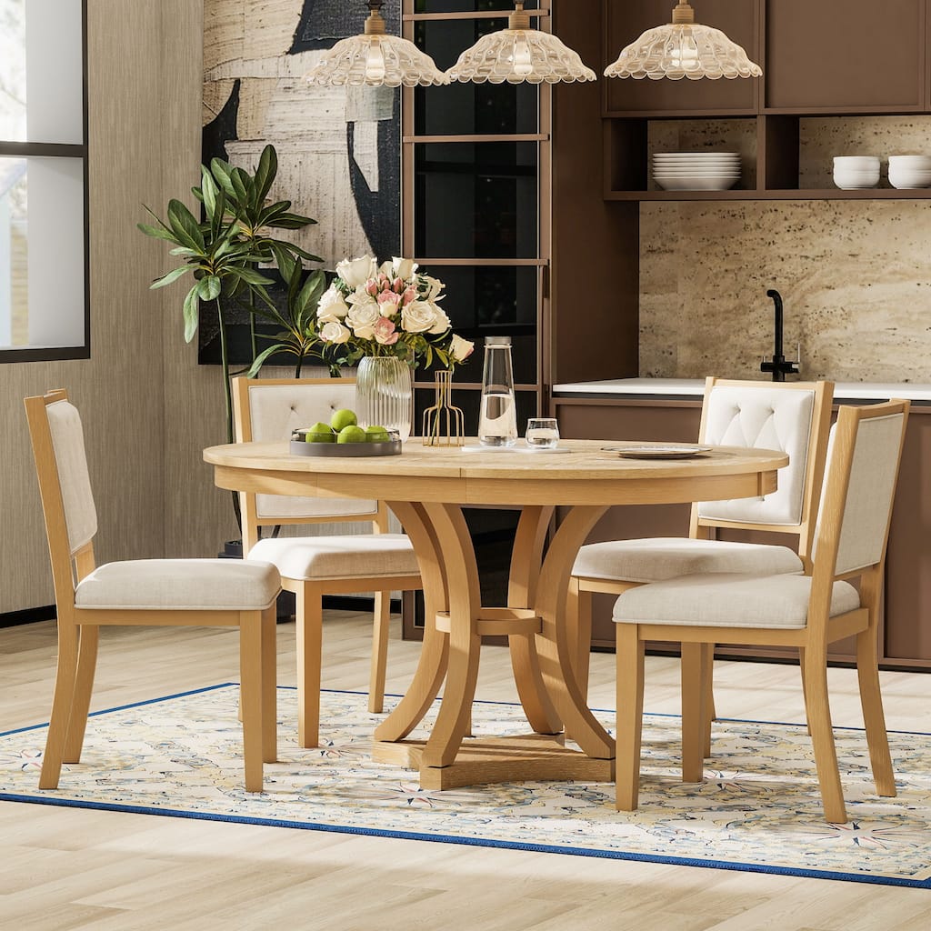 5-Piece Dining Table Set with Extendable Round Table, Kitchen Table Set with 4 Upholstered Chairs for Dining Room