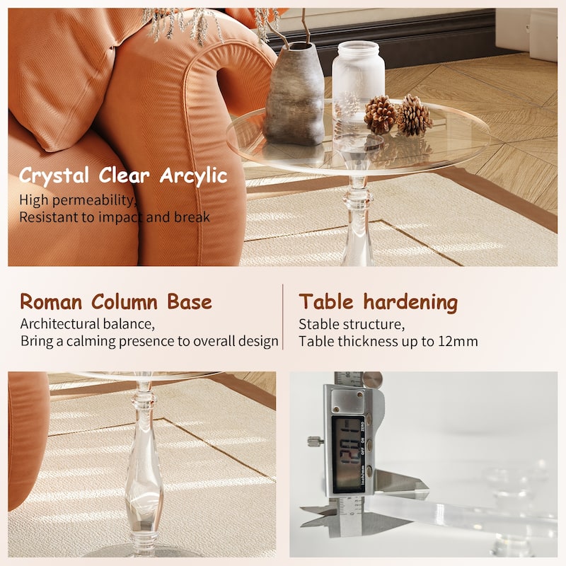 Clear Acrylic End Table Shatterproof Round Side Table with Roman Base
