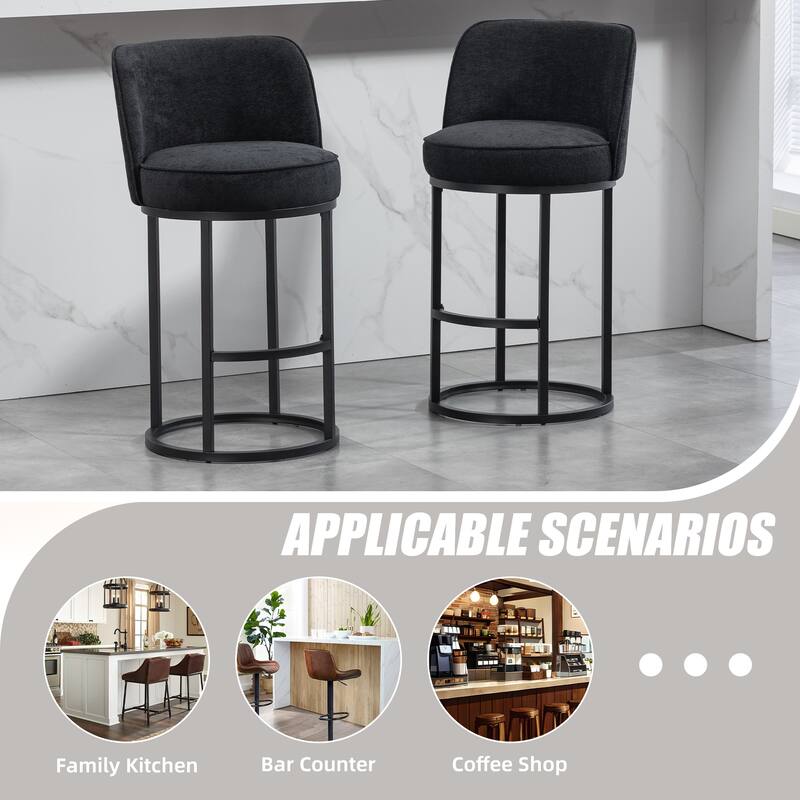 Counter Height Bar Stools Set of 2, Modern Barrel Counter Stools with Backrest, Linen Fabric Upholstered Accent Bar Stools