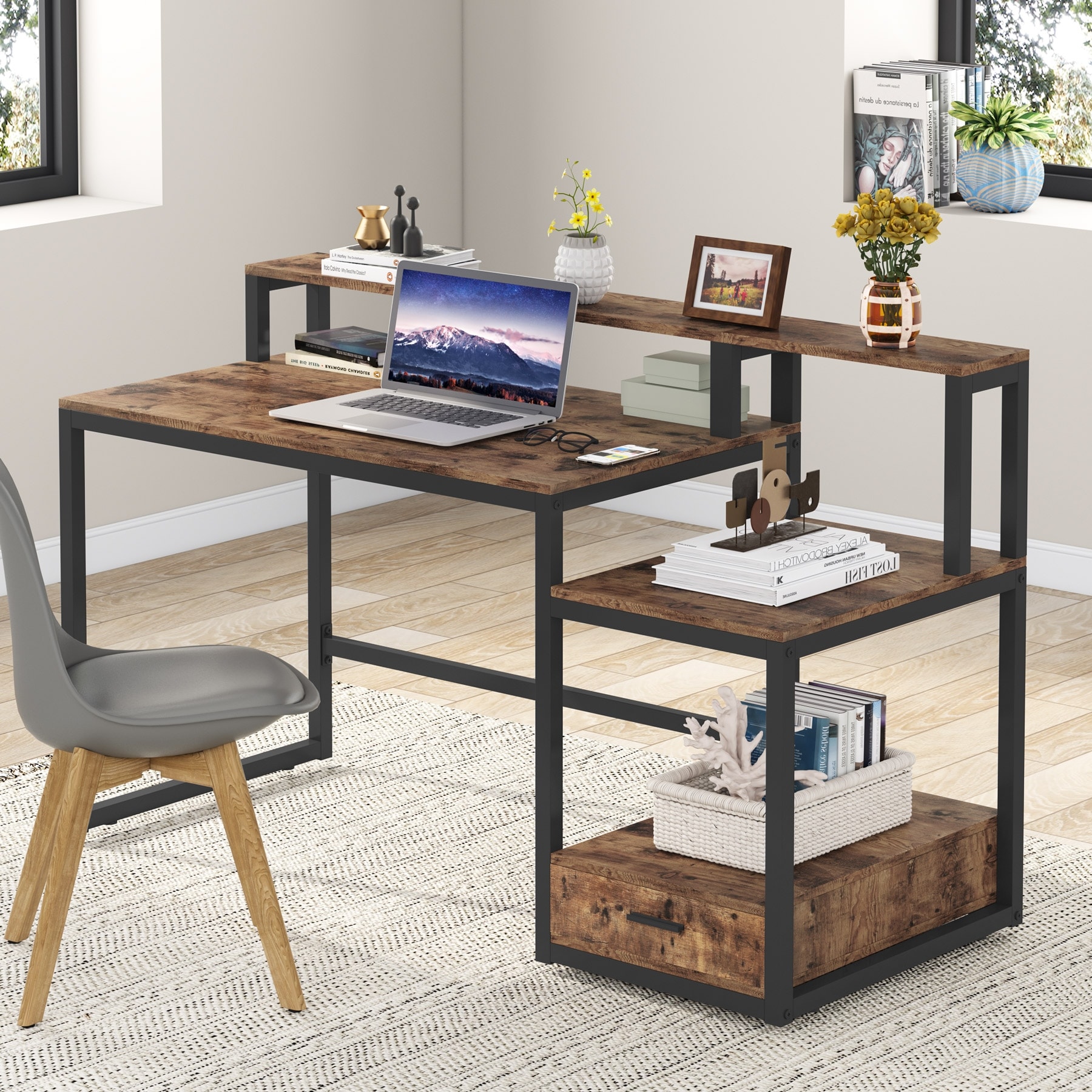 63 Computer Desk with Monitor Stand, Ergonomic Home Office Desks with  Drawers File Cabinet - On Sale - Bed Bath & Beyond - 37701856