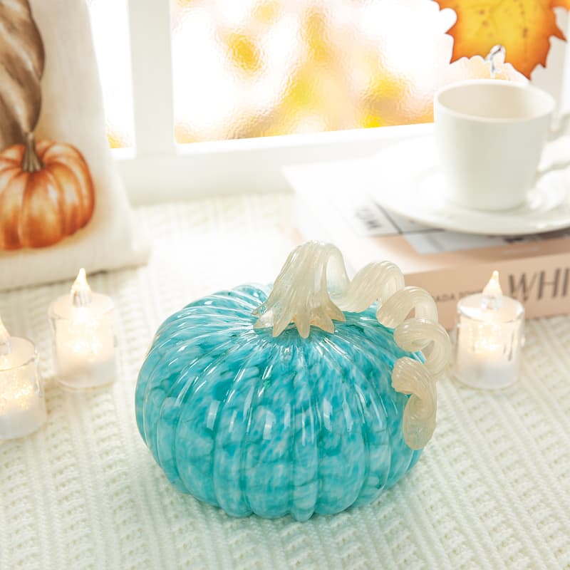 Glitzhome Fall Harvest Amber Dots Blue Round Glass Pumpkin Thanksgiving Home Accent - Round