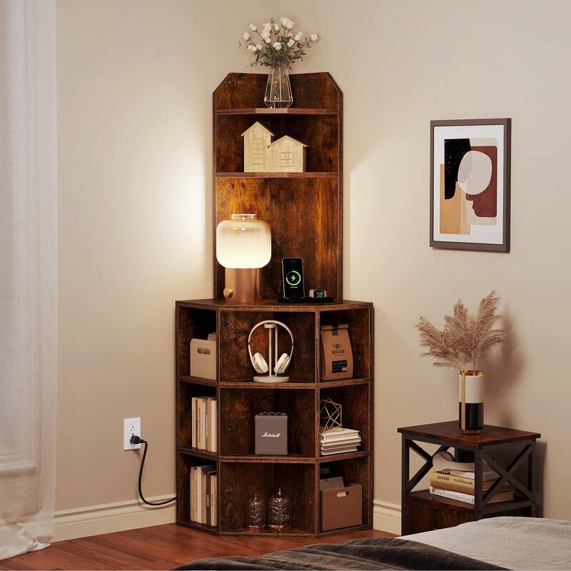 Moasis Industrial Corner Display Bookshelf Bookcase with USB Ports and Outlets