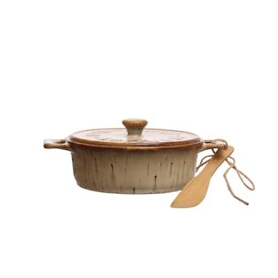 Stoneware Brie Baker with Bamboo Canapé Spreader Knife - 9.3"L x 7.0"W x 3.0"H