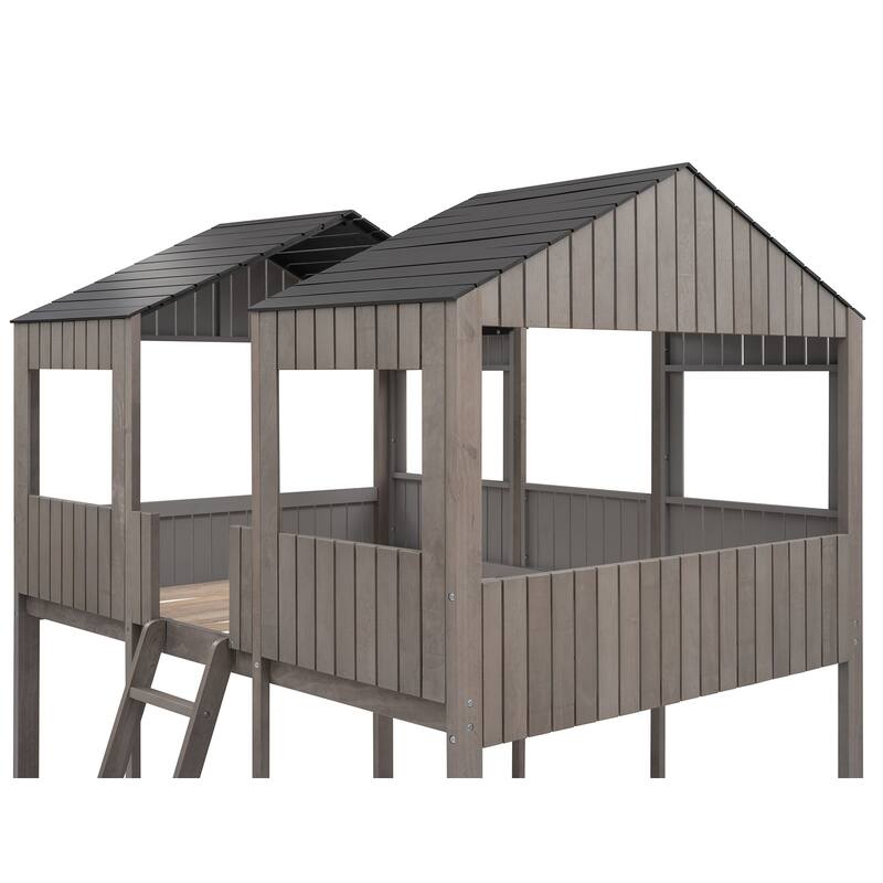 Full Over Full WoodBunk Bed with Roof, Window, Guardrail