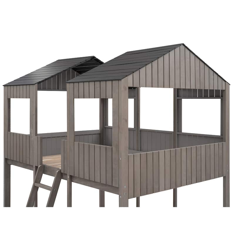 Wooden Castle House Bed Full Over Full Bunk Bed with Roof, Window, Guardrail, Ladder