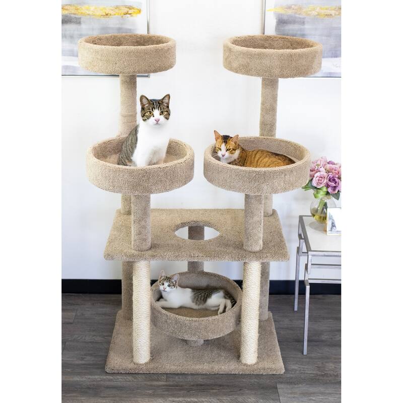 Castle Style Cat Tower with Multiple Levels, Spacious Perches and Sisal Posts for Large Cats