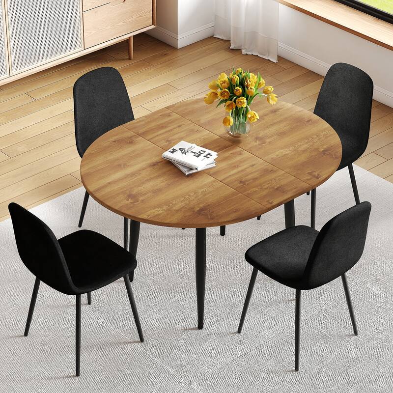 5 Piece 42-52" Extendable Round Dining Table Set with 4 Linen Chairs, Adjustable Home/Office Table Set for Small Spaces, Seats 4