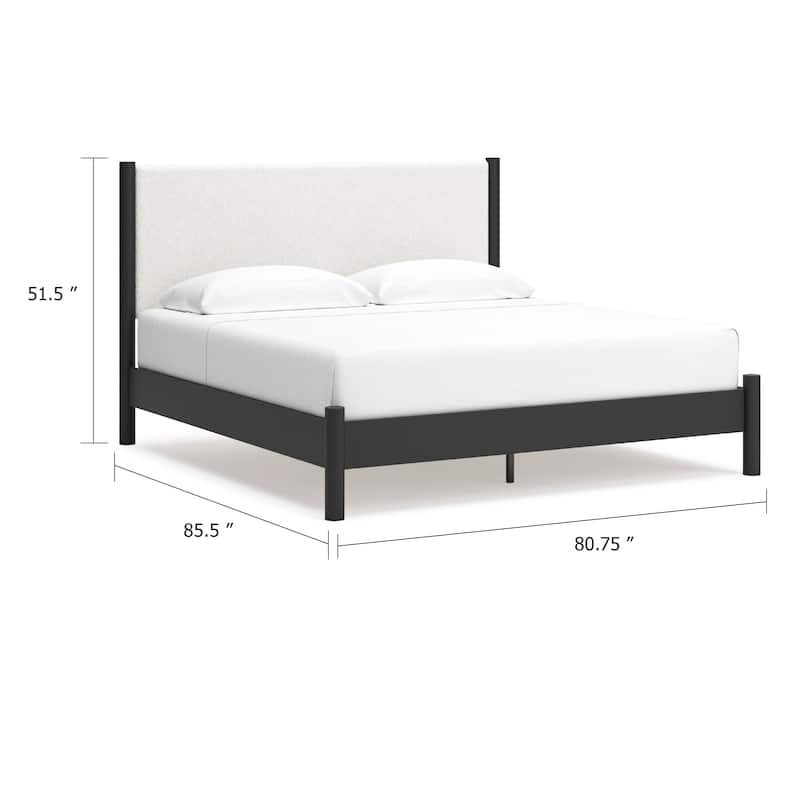 Mooran King Size Bed, White Polyester Upholstery, Modern Black Wood