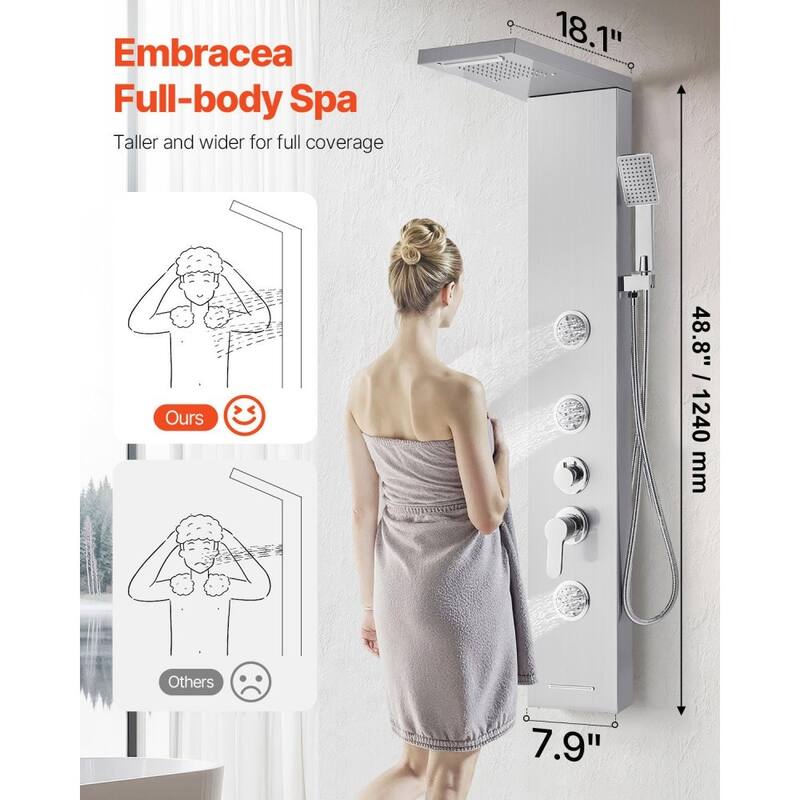 Silver Stainless Steel 5-in-1 Shower Panel Tower System with Rainfall, Waterfall, Jets and Handheld - 53.0x 7.9x 18.1 inch