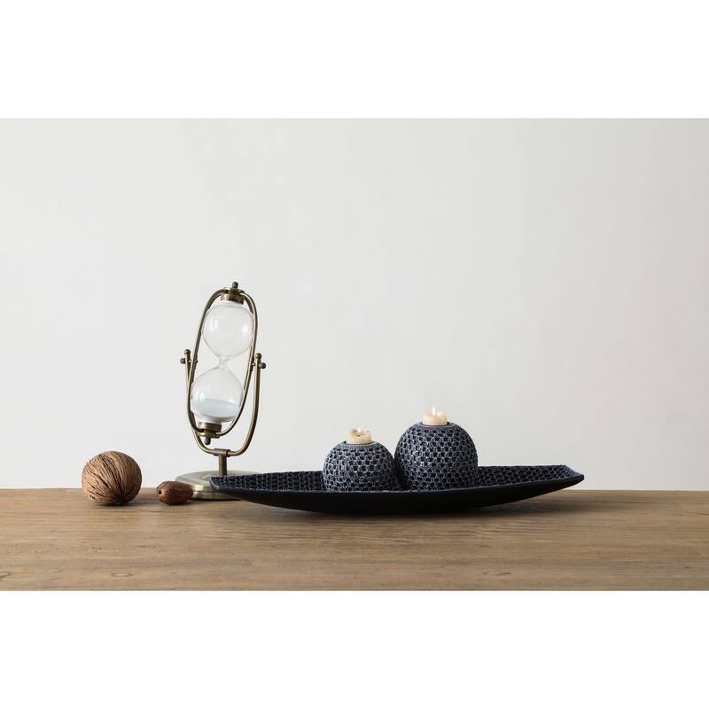 Black Set of Three Woven Polyresin Candle Holders with Quilted Tray