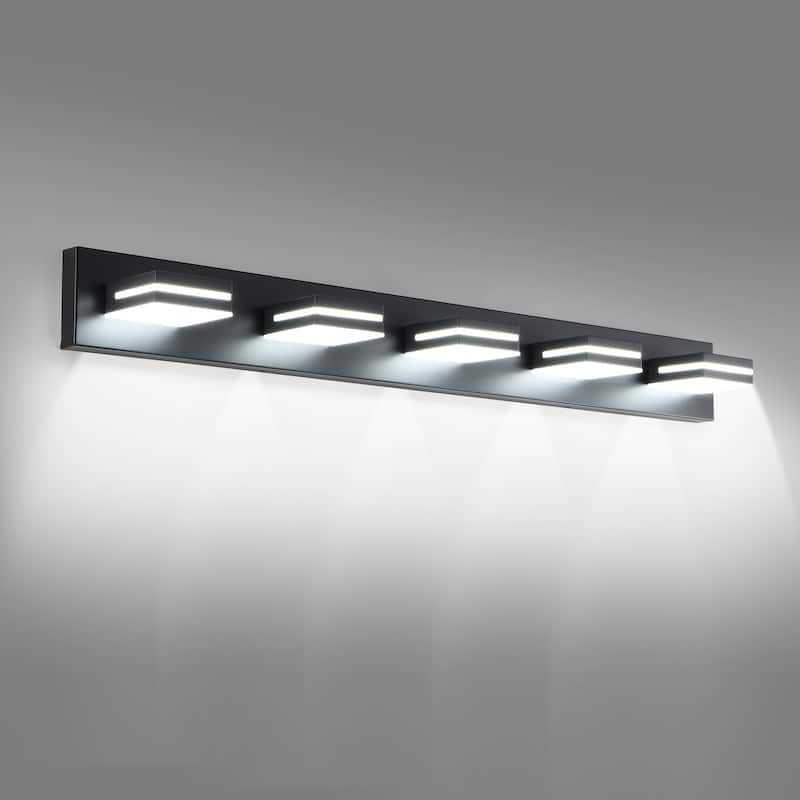 Modern Black LED Vanity Light, 5-Lights Wall Sconce for Bathroom and Mirror, Sleek Minimalist Design, Energy-Efficient