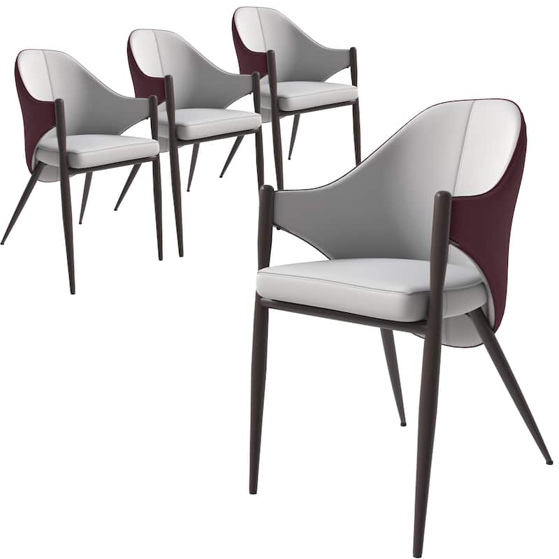 Upholstered Leather Dining Chair with Iron Legs Accent Armchair Set of 4 - White/Bordeaux
