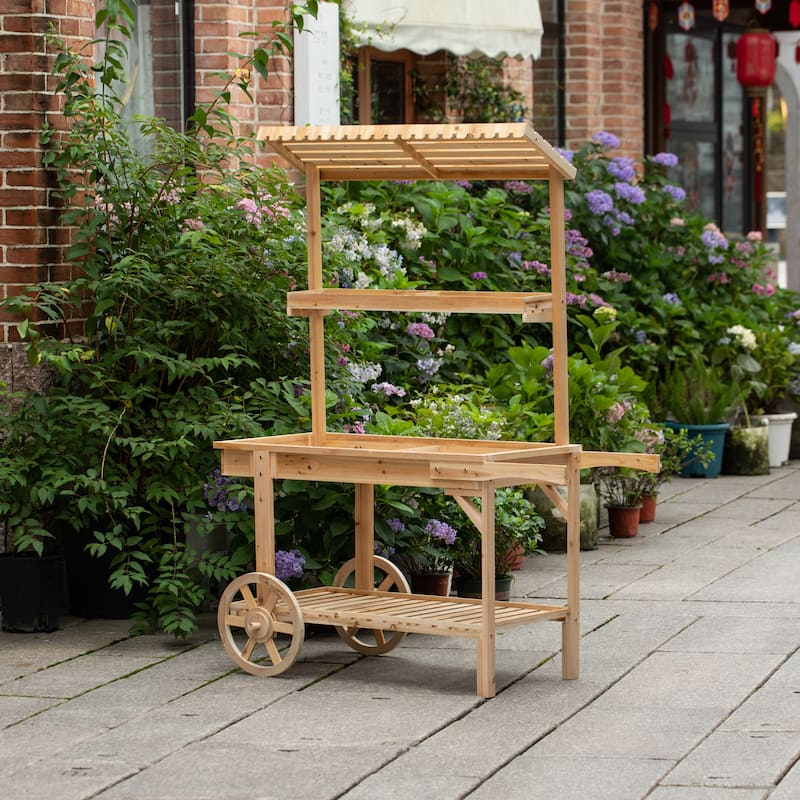 2 Wheeled Wood Wagon with Shelves for Plants and More