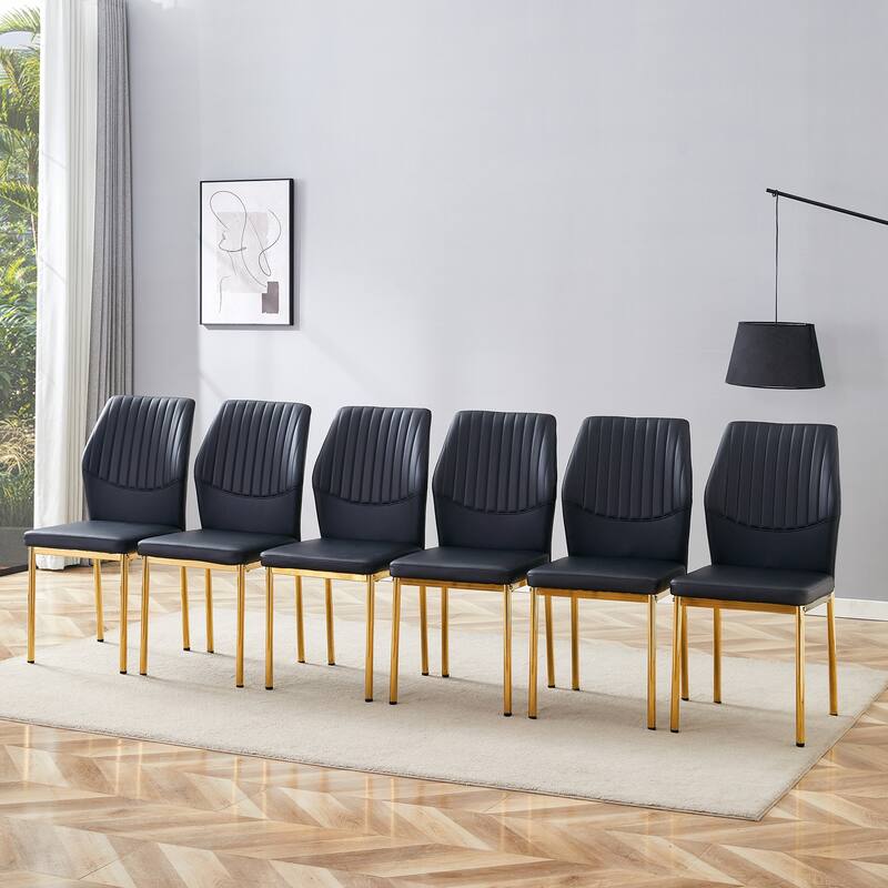 Luxury Simple Chair - Set of 6 BLACK PU Material High Resilience Dining Chair with Metal Gold Leg.The Chair Back Has a V