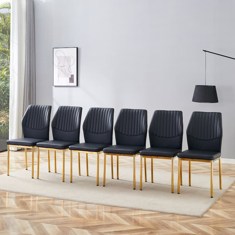 Luxury Simple Chair - Set of 6 PU Material High Resilience Dining Chair, Chair Back Has a Vertical Stripe Design - Black+Gold