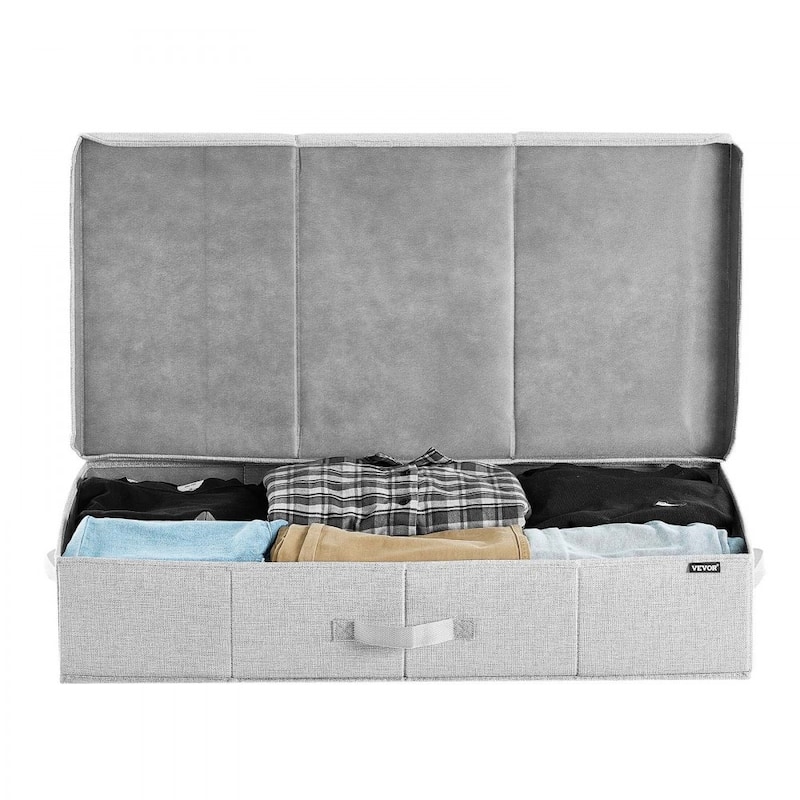 Set of 2 Grey Linen Under Bed Storage Bags Foldable Clothes Organizer with Reinforced Handles - 31.7 x 15.9 x 6.1 inch