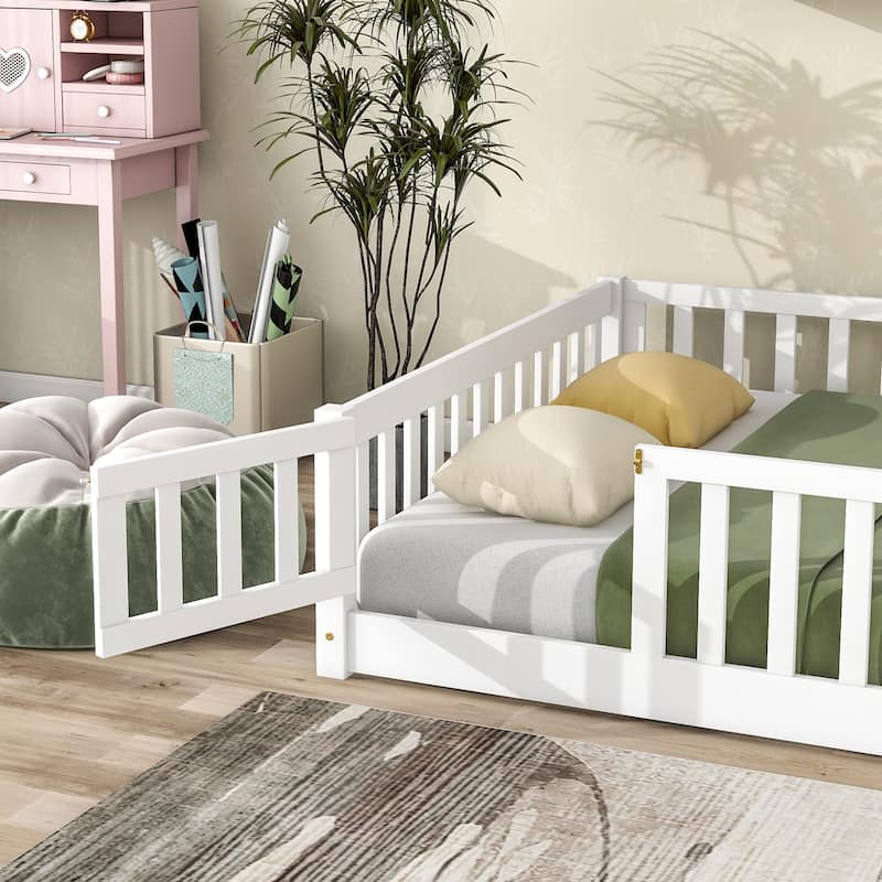 Full size Floor Platform Bed with Fence and Door