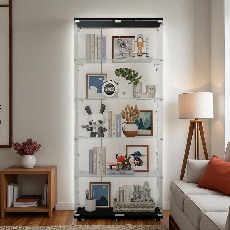 76" Tempered Glass Display Cabinet with Bluetooth LED Lights, Wine & Storage Cabinet with Lock and Casters, Black Finish - Black