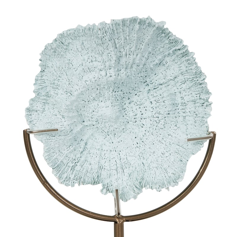 Light Blue Polystone Textured Coral Sculpture with Bronze Stand