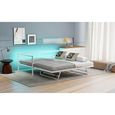 Twin Size Metal Daybed With Led And Adjustable Trundle,Pop Up Trundle