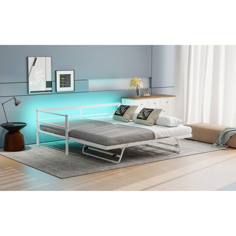 Twin Size Metal Daybed with LED and Adjustable Trundle, Pop Up Trundle, White