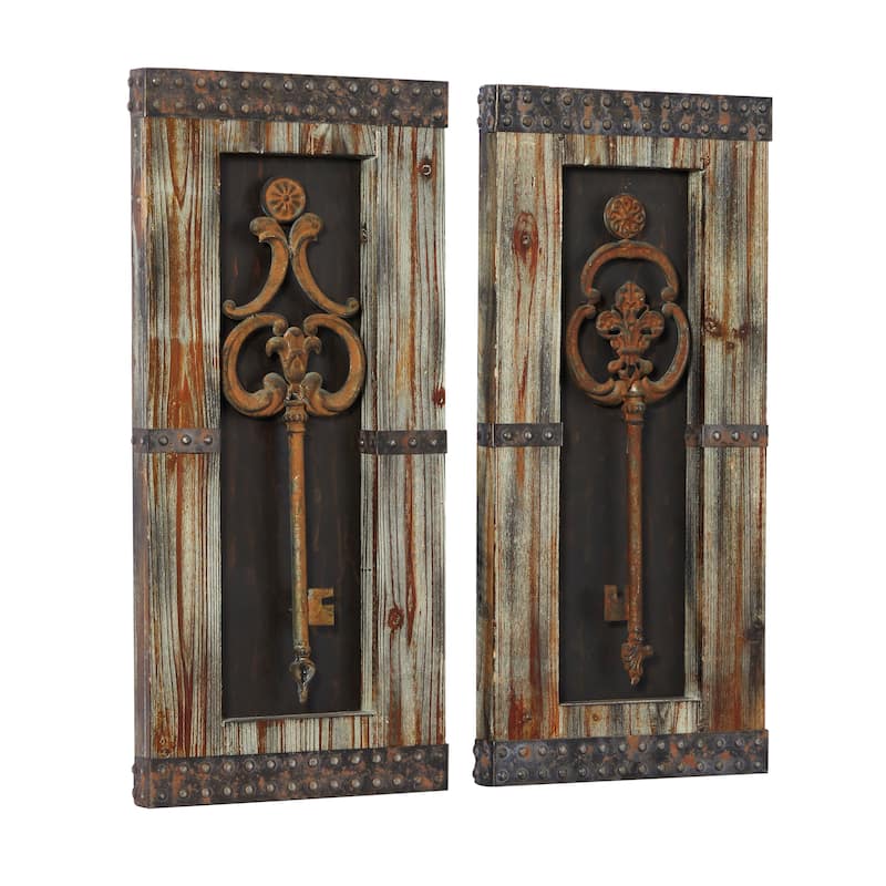 Wood Keys 3D Skeleton Wall Decor with Studs - Set of 2 Brown - Roche River Decor