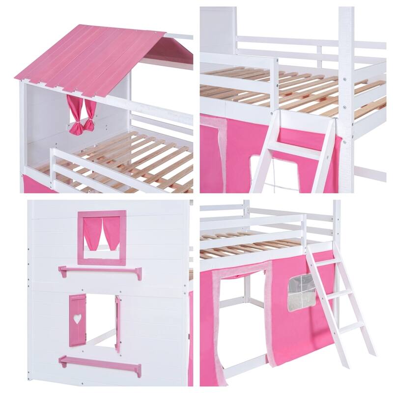 Full Size Bunk Wood House Bed with Elegant Windows, Sills and Tent