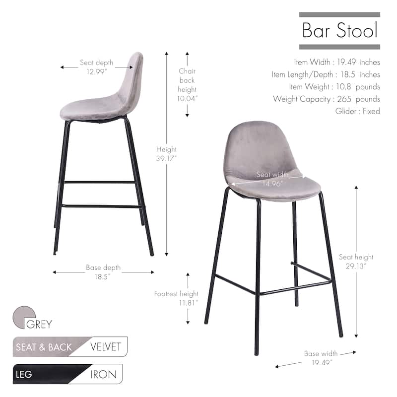 Porthos Home Tam Bar Stools Set Of 2, Velvet Upholstery, Iron Legs