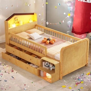 Wooden Twin Loft Bed with House Shape Headboard, Kids Loft Bed with Storage Drawers