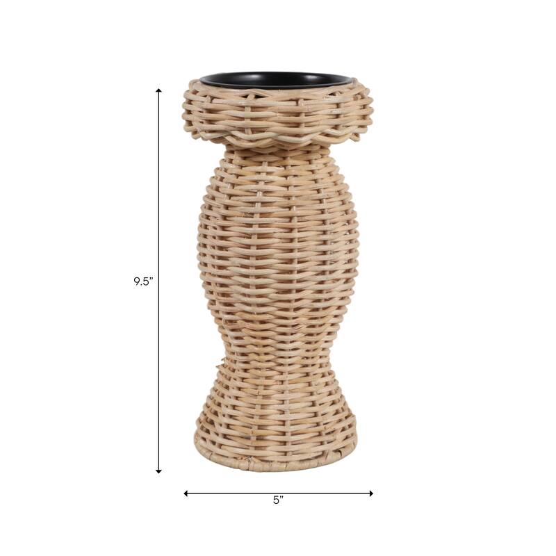 Candle Holder - Brown Metal Handwoven Raffia Pillar
