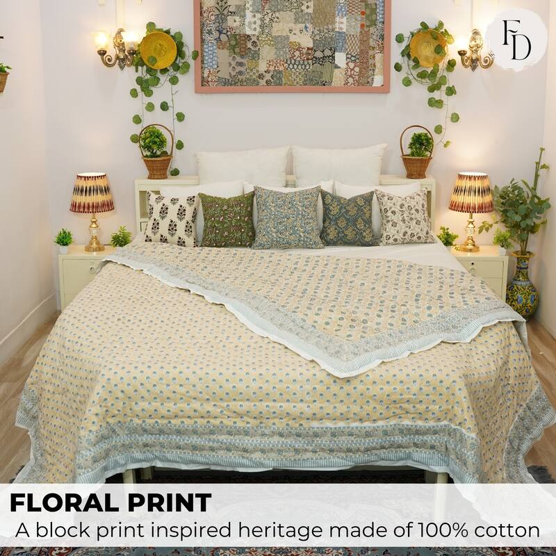 Fabdivine Luxury Hand Block Print Cotton Quilt Yellow Green Floral, Boho Bedding for Bedroom & Sofa Reversible Artisan Bedspread