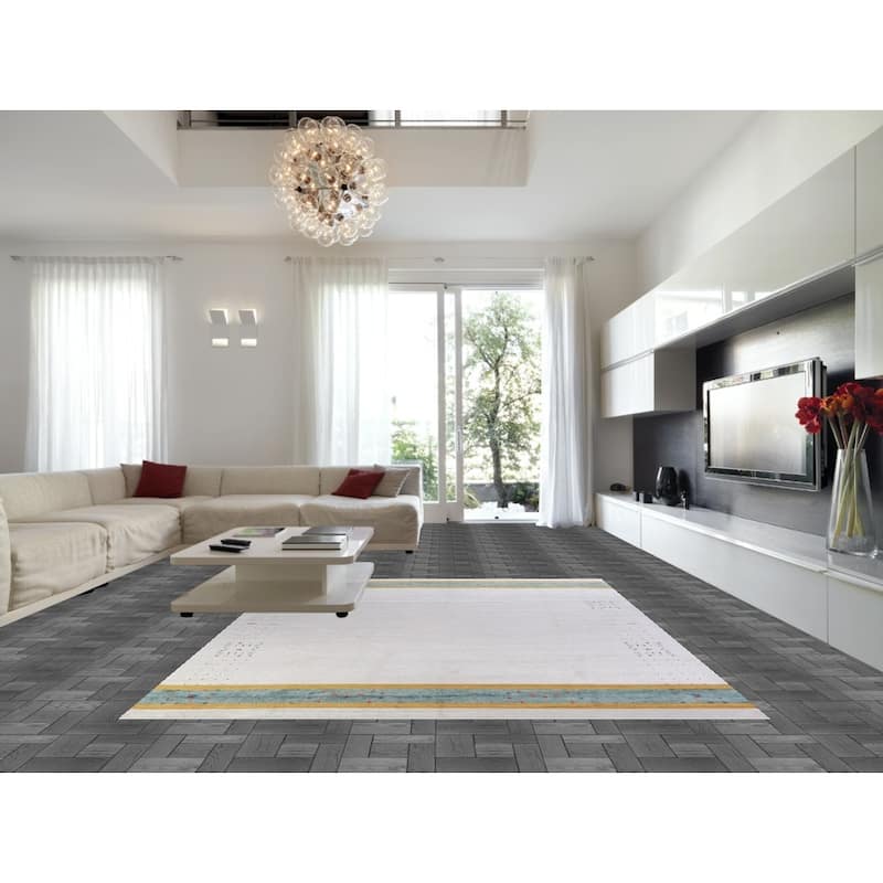 Silver Gray Gabbeh Rug Hand-Knotted Wool Carpet - 9'4" x 12'1"