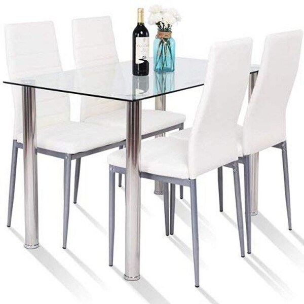 7PC Dining Set Tempered Glass Top Table & 6 Chair Kitchen Furniture White 3 Type 