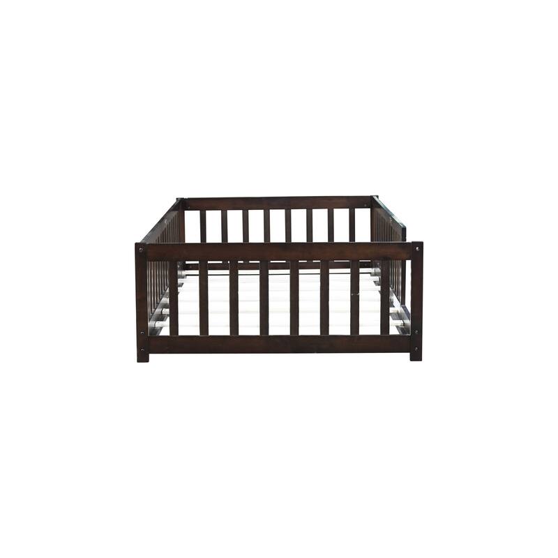 Roomfitters Twin Rubber Wood Floor Bed with Fence, Safety Guardrails, Low Profile Platform Design