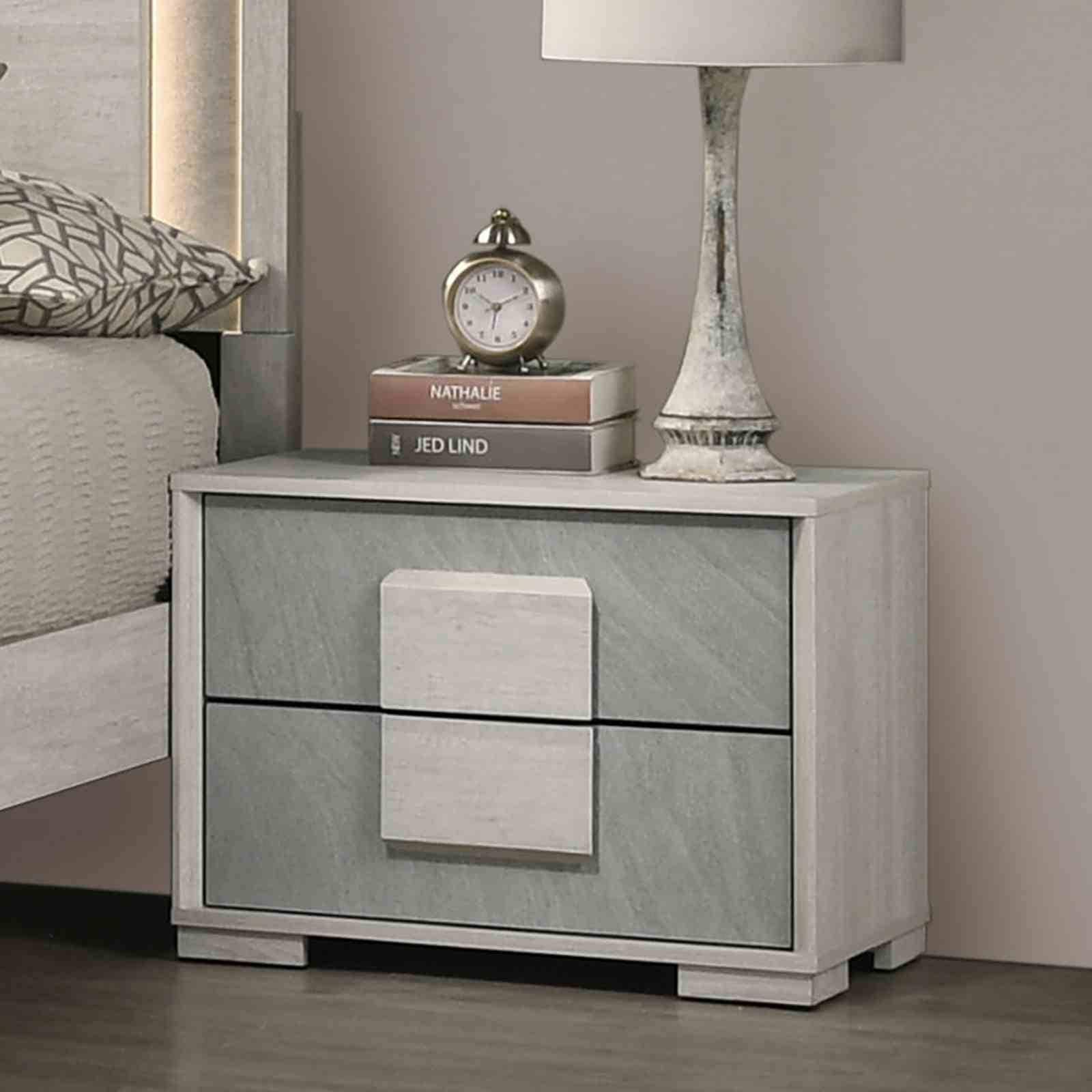 grey night stand and dresser Contemporary Stone Gray Finish Bedroom Set LED Bed Nightstand Mirror Chest Shirt and Vest