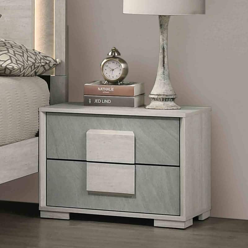 Stone Gray Finish Modern Bedroom Furniture Set LED Bed Dresser Mirror Nightstand