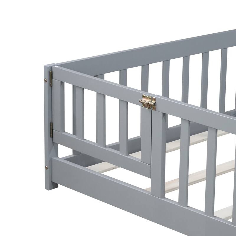 Twin Size Floor Bed with Fence and Door, Rubber Wood Floor Bed with Safety Guardrails