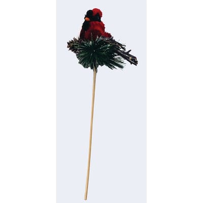 3" Cardinal w/ Pine on 8" Wood Pick, Set of 6 - 11"
