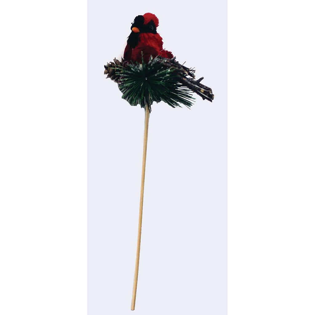 3" Cardinal w/ Pine on 8" Wood Pick, Set of 6 - 11"
