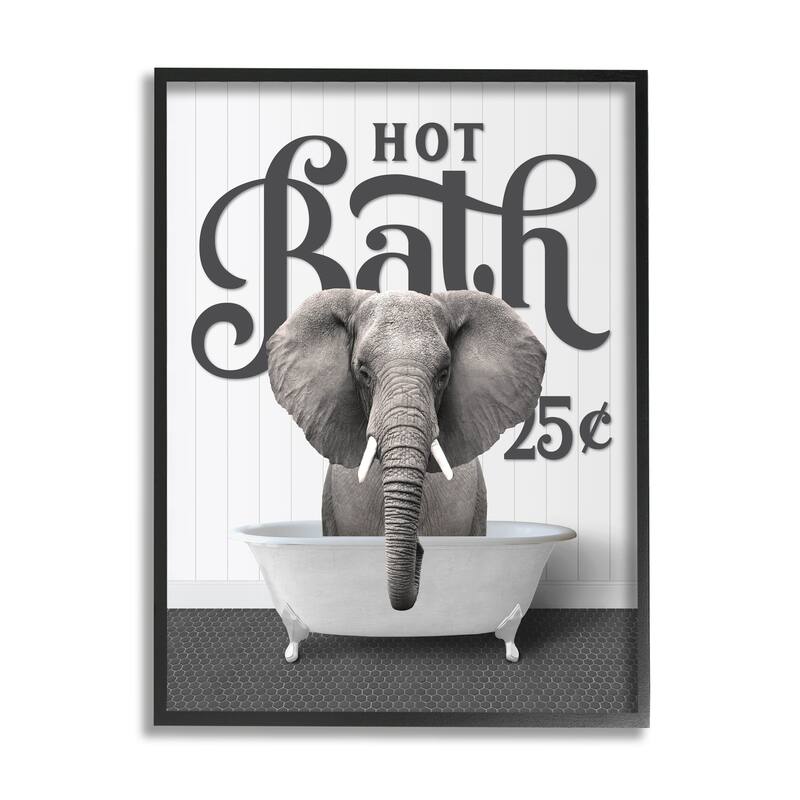 Stupell Vintage Hot Bath Elephant Framed Giclee Art Design by Lettered and Lined - 24 x 30 - Black