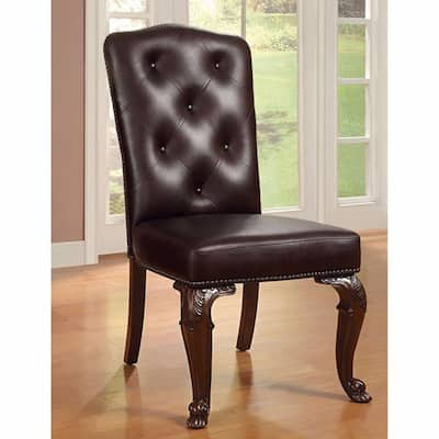 Set of 2 Brown Cherry Side Chairs with Cushioned Leather Seats - 43.25 H x 27 W x 22.5 L Inches