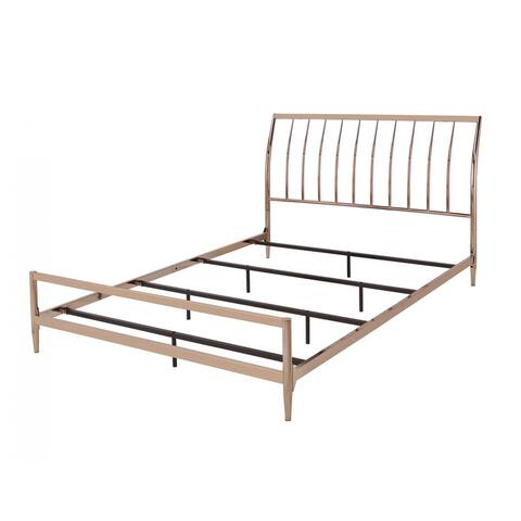Marianne Queen Bed with Low Profile Footboard, Slatted Design Headboard, and Tapered Legs, Copper
