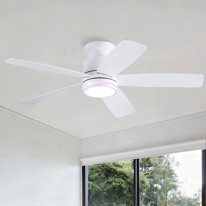 41 and 46 Inches Flush Mount Ceiling Fan with Light and Remote - 46 Inches - White-RGB