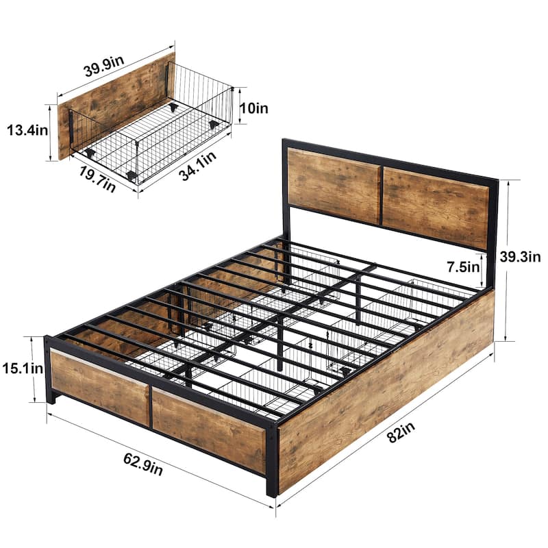 VECELO Upholstered Full/Queen Size Platform Bed Frame with 4 Storage Drawers and Headboard - Queen