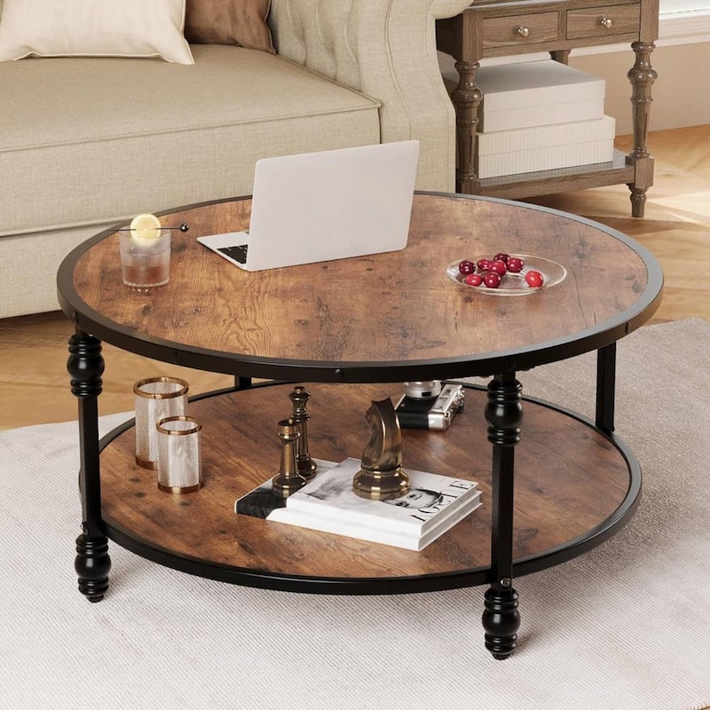 Rustic Circle Coffee Table with Storage Shelf - Brown