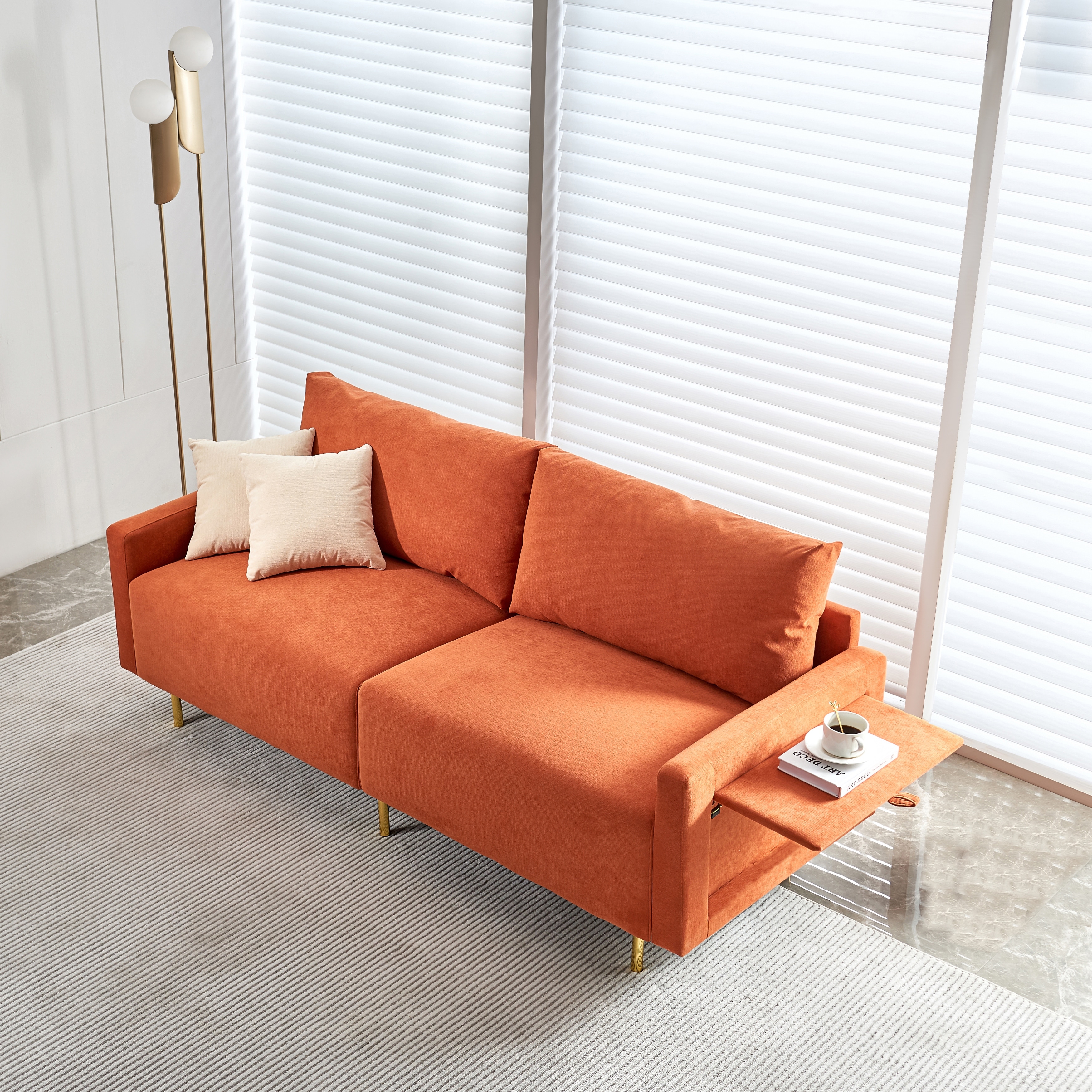 Orange Linen Fabric Loveseats Couches w Removable Tray Reclining