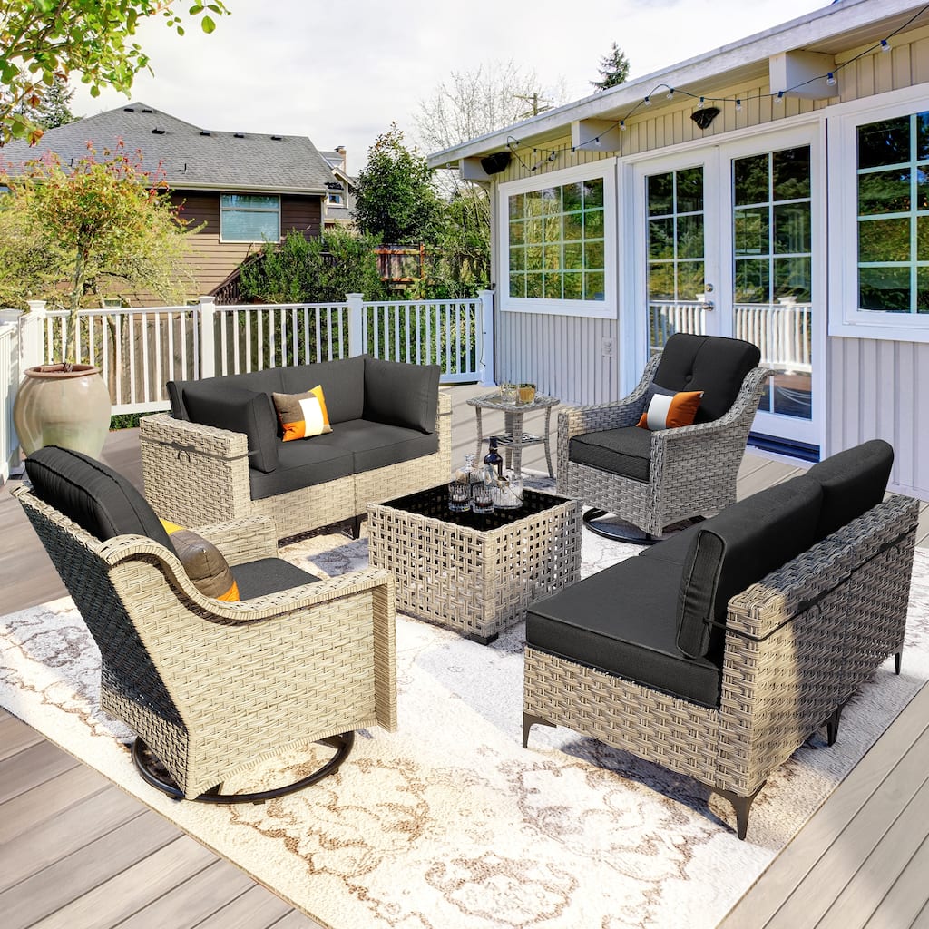 OVIOS 8 Pieces Outdoor Wicker Swivel Chair Set With Solar-Powered Coffee Table