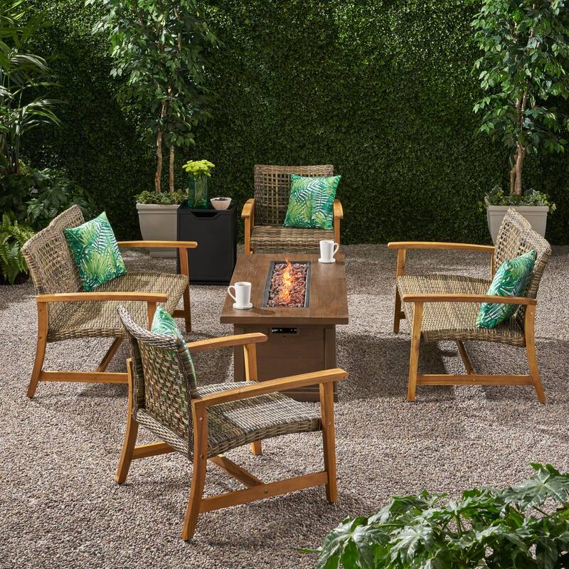 Breakwater Outdoor 6 Piece Wood and Wicker Chat Set with Fire Pit by Christopher Knight Home